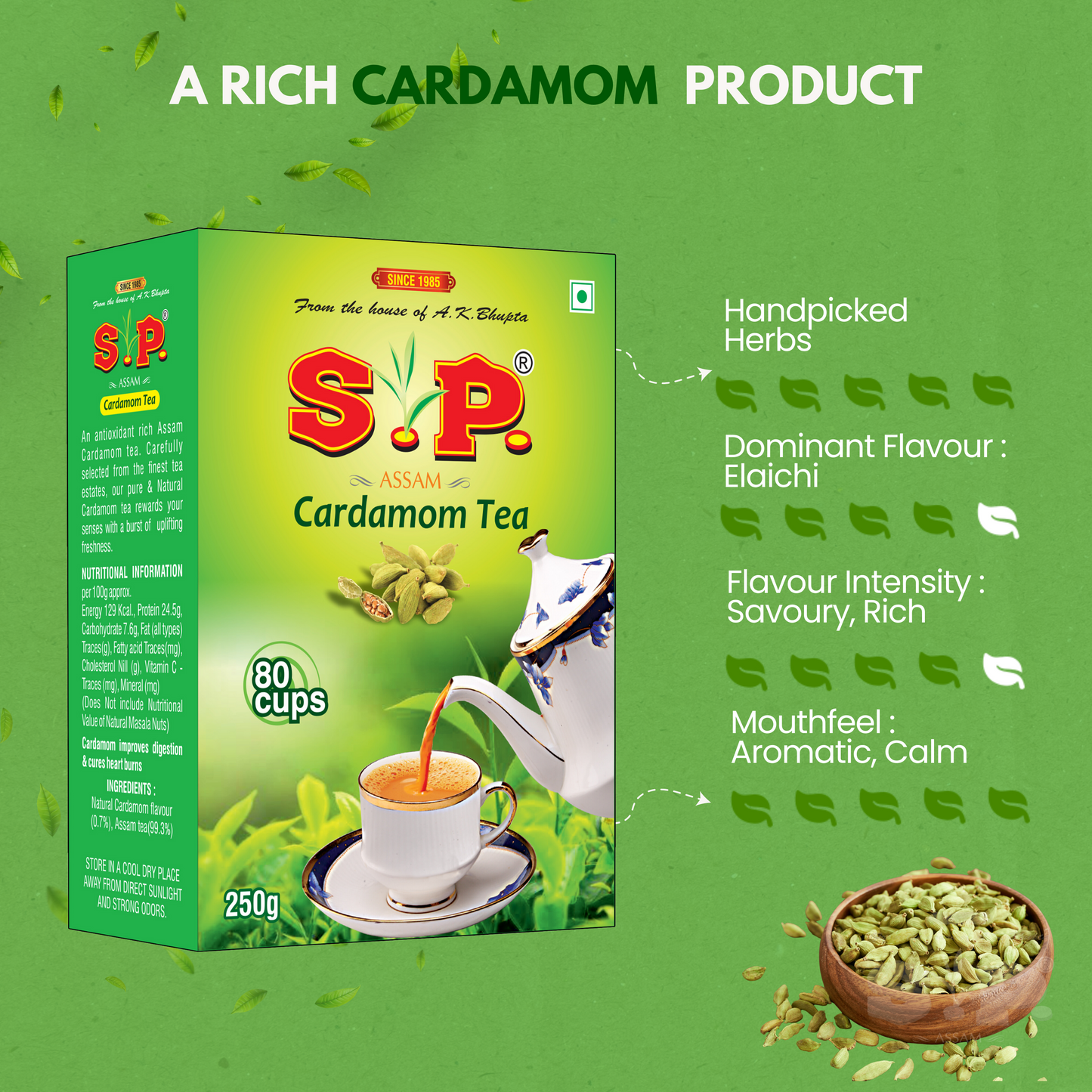 S.P Cardamon Chai | Natural Elaichi Tea | 100% Organic Elaichi | Asli Elaichi Chai | 100% Natural Tea | 250 gms Pack of 1