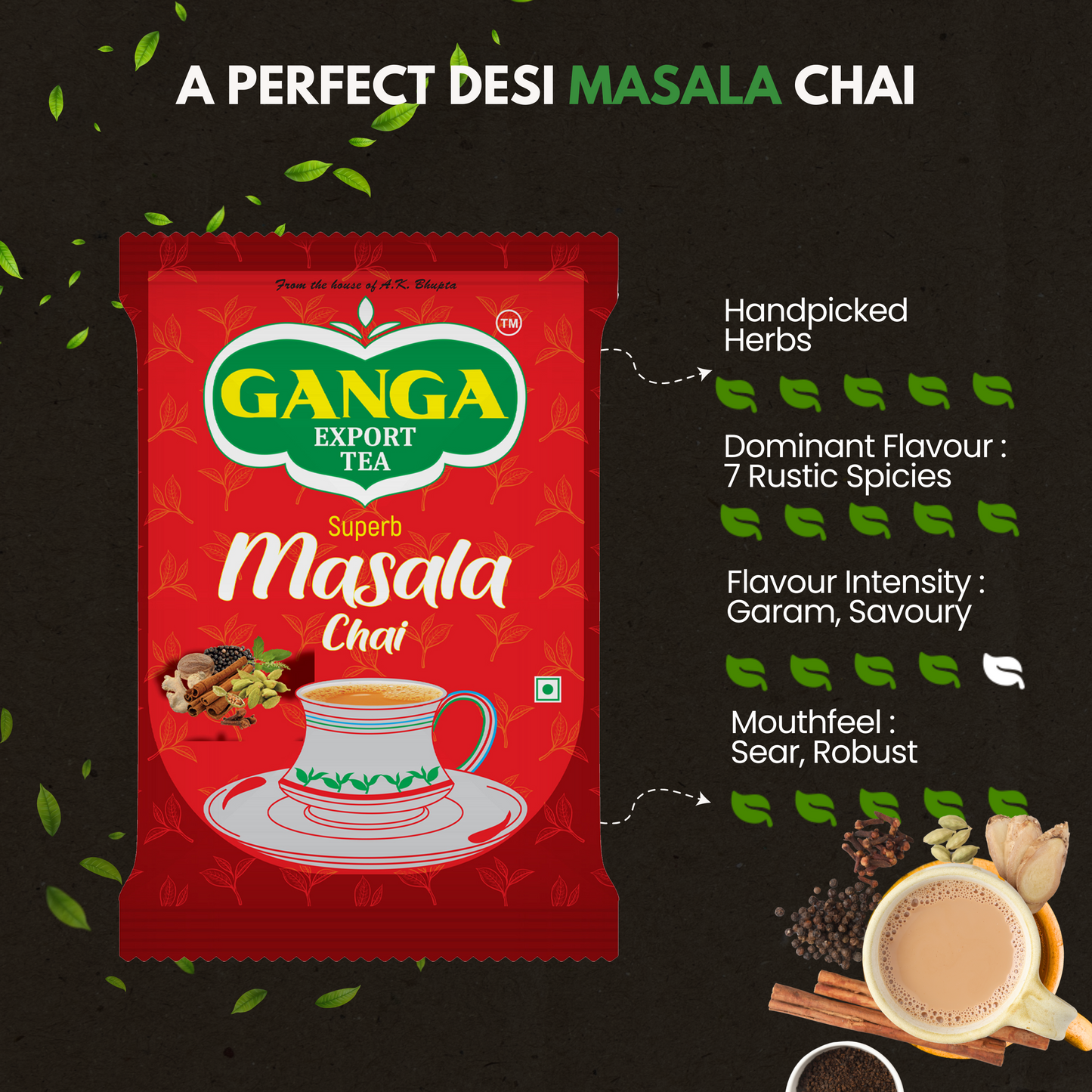Ganga Masala Chai | Organic Masala | 7 Desi Spices | Ginger, Cardamom, Basil, Cinnamon, Cloves, Nutmeg, & Black Pepper | 100% Natural Tea | 250 gms Pack of 1