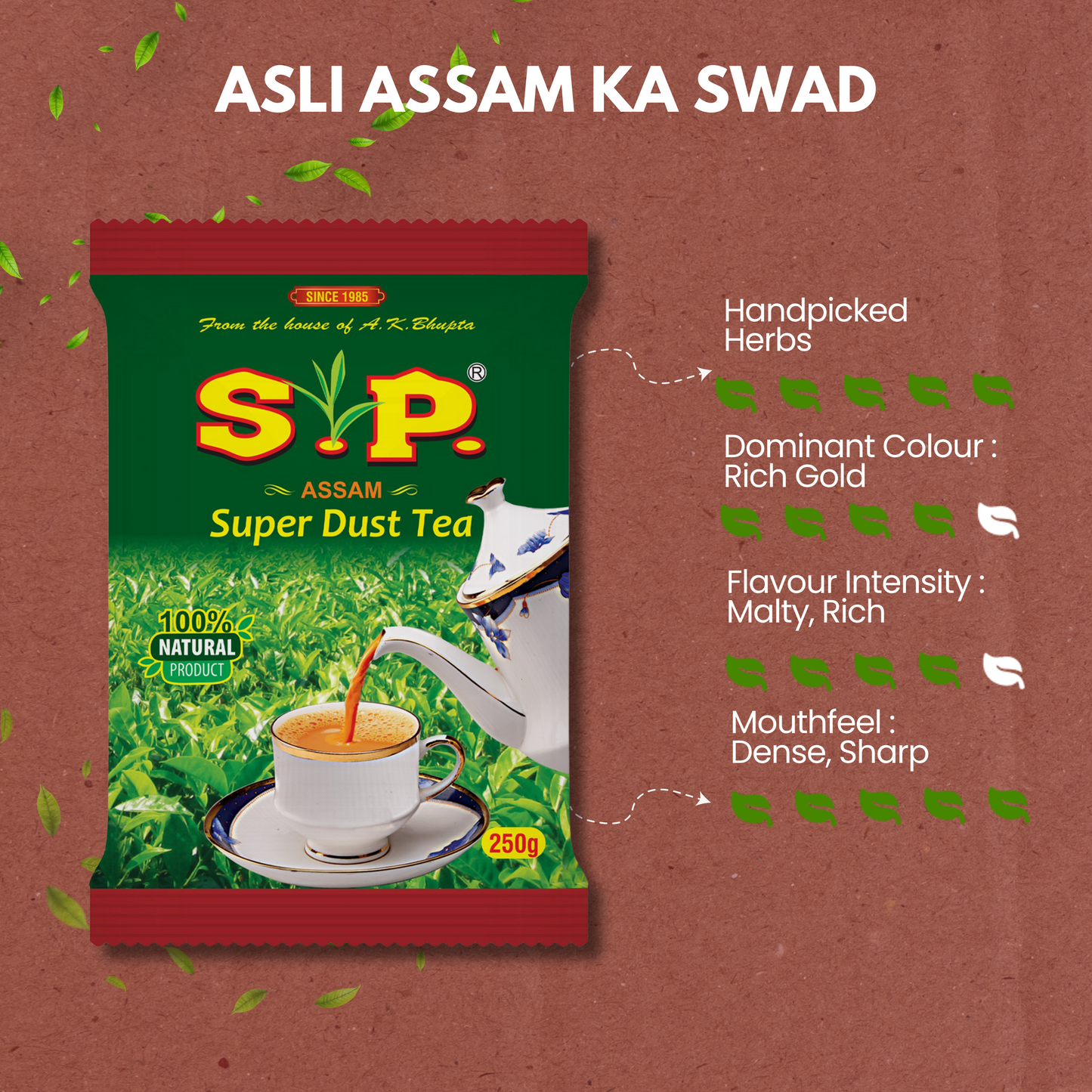 S.P Super Dust Chai | Organic Handpicked Leaves | Royal Assam Taste |100% Natural Assam Chai | 250 gms Pack of 1